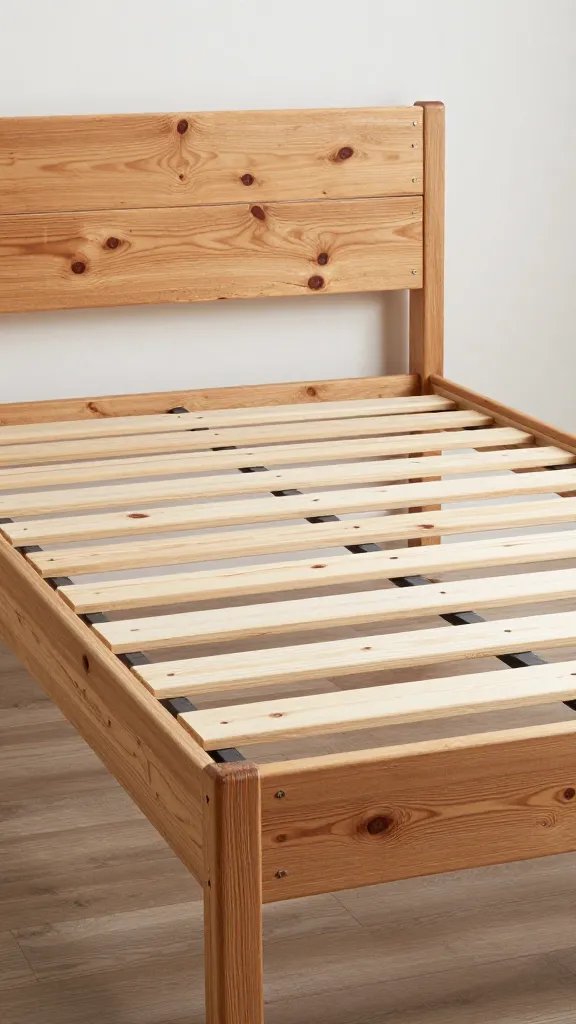 **Reclaimed wooden bed frame with visible knots**