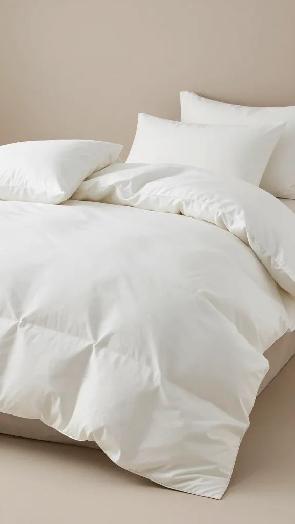 **Fluffy white duvet on neutral taupe bed**