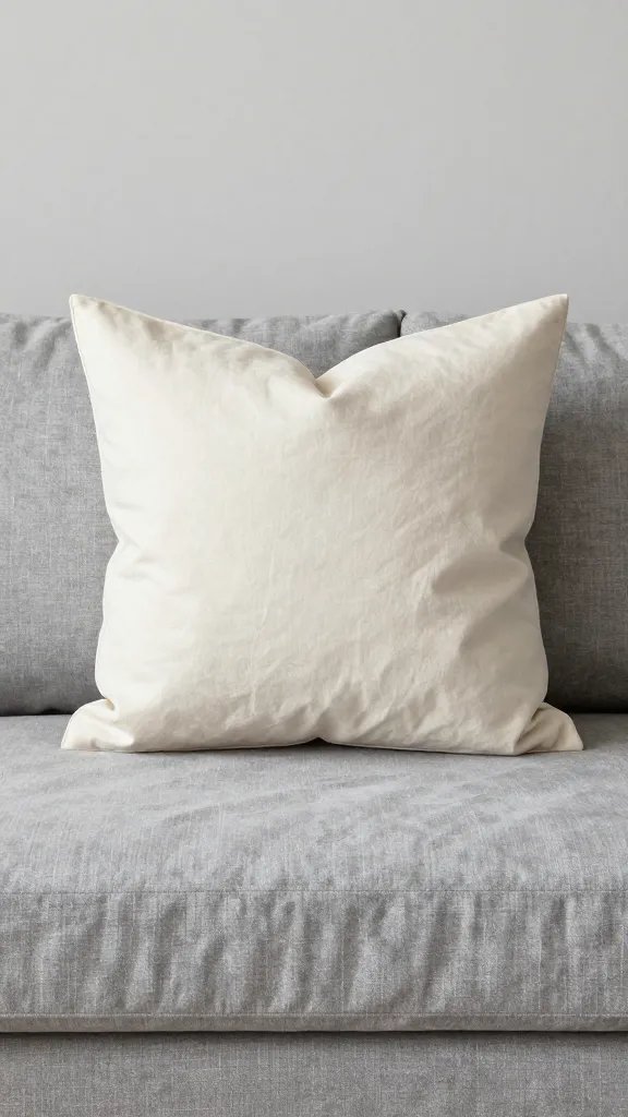 **Layered cream throw pillows on grey linen sofa**