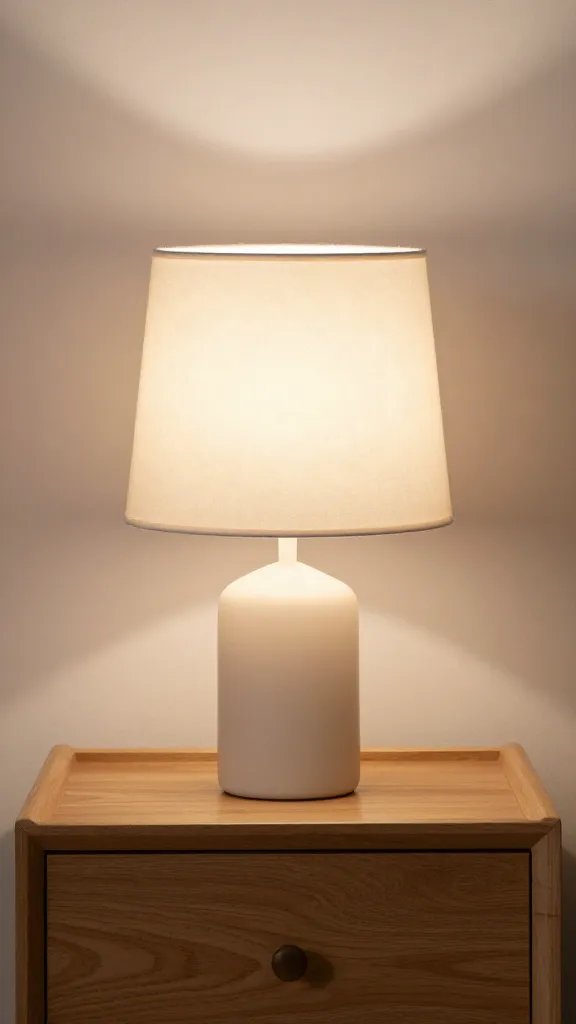 **Warm wood nightstand with soft blush lamp**