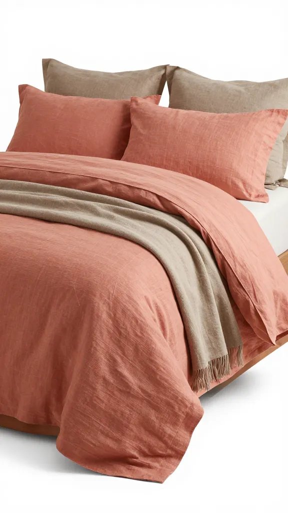 **Terracotta linen bedding with a taupe throw**