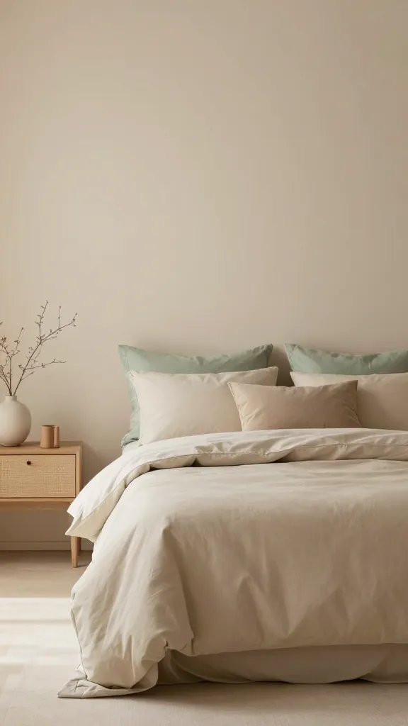 **Warm beige bedroom with soft sage accents**