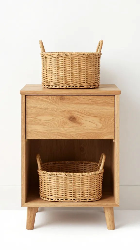 **Natural wood nightstand with woven basket**