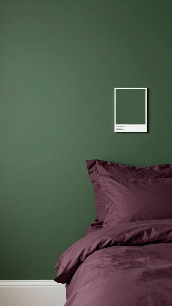forest green wall paint swatch beside smoky plum bedding