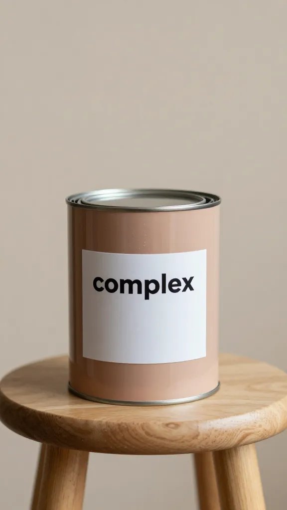 muted warm-toned paint cans labeled “complex” on stool