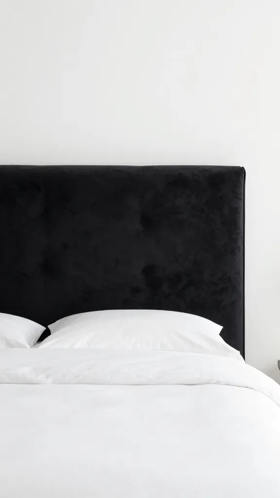 Black velvet headboard with crisp white bedding
