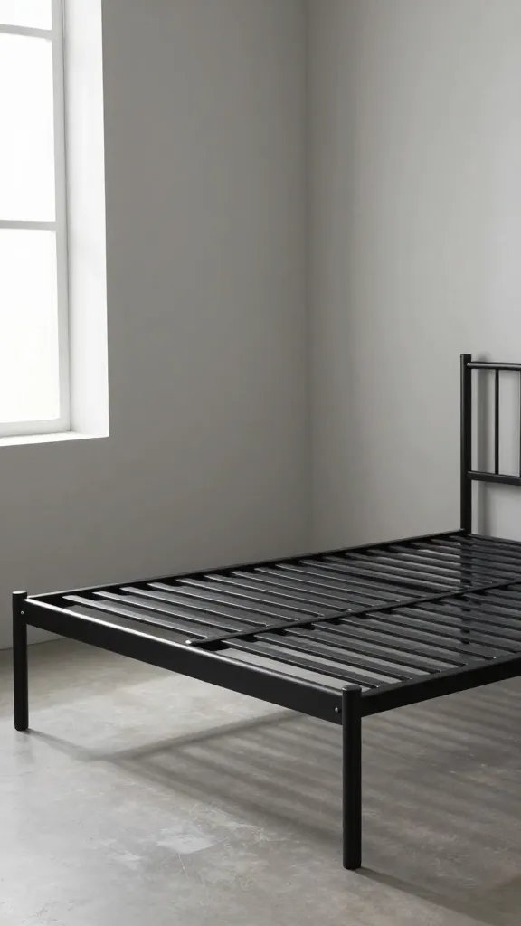 Black metal bed frame, low profile, soft window light