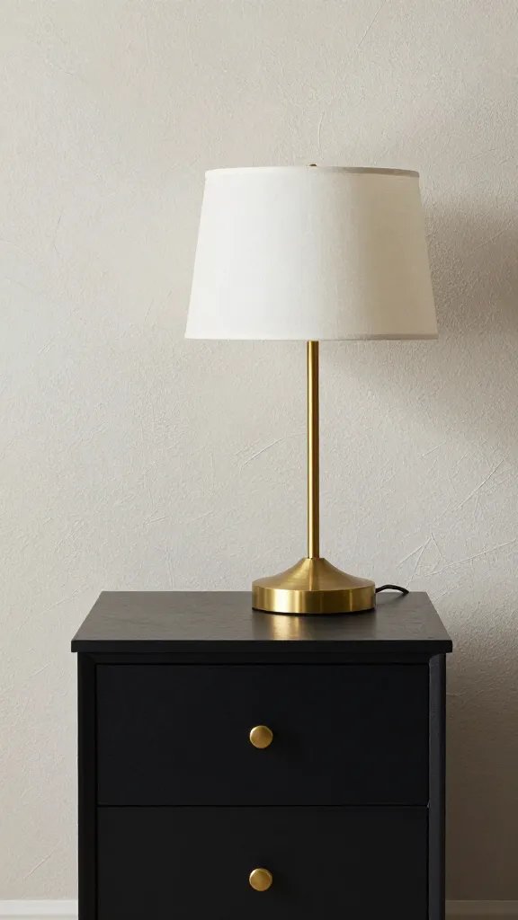 Black nightstand with brass lamp and textured wall