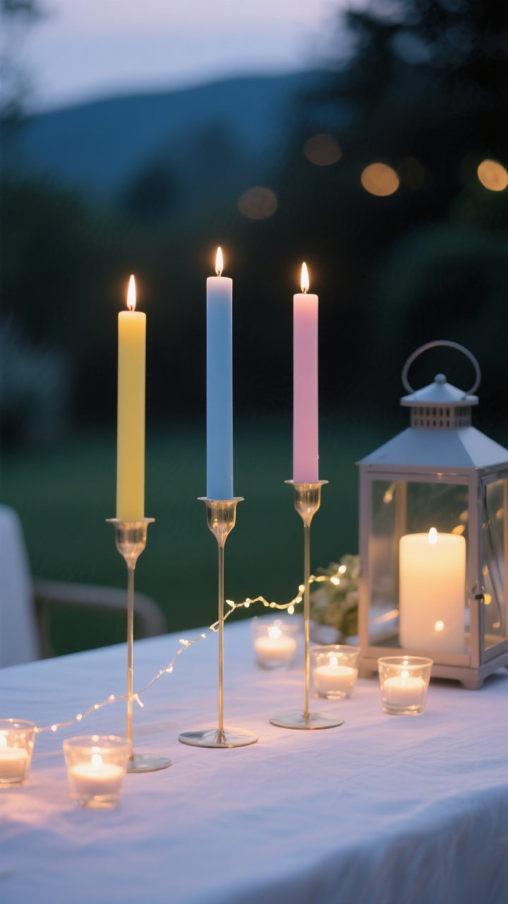 Closeup detail shot of atmospheric lighting elements at dusk: a trio cluster of pastel taper candles in varying heights (butter yellow, sky blue, blush) in slender holders, interspersed with low tea lights and petite votives to maintain sightlines; a delicate micro string light draped subtly along the center adds a warm glimmer; if outdoors, include a modern lantern and an LED taper to suggest wind-proofing; background bokeh emphasizes the intimate glow, scents implied as minimal.