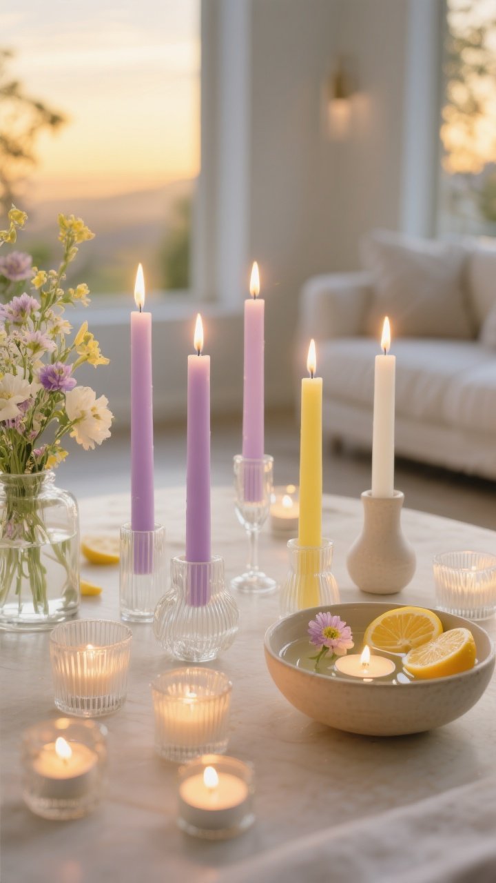 Detail closeup of springy candlelight: a cluster of slim taper candles in pastel lavender, butter yellow, and white, set in clear glass and matte ceramic holders of varied heights; a shallow bowl nearby with floating candles in water surrounded by thin citrus slices and a few flower heads; frosted and ribbed glass tea light holders scattered for soft diffusion; clean, unscented ambiance with flames positioned away from florals; evening golden-hour light transitioning to warm candle glow, airy and breezy feel.