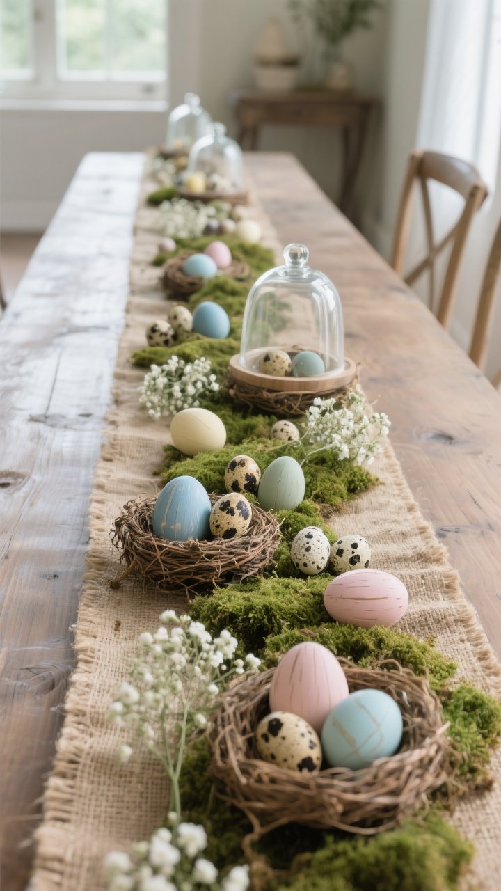 Long, narrow runner scene, whimsical Easter nest theme: a burlap or natural fiber runner down the full table length with soft preserved moss arranged in organic “islands”; small grapevine nests and craft-store nests tucked among the moss; a mix of painted wooden eggs, naturally dyed eggs, and speckled quail eggs in a refined palette of dusty blue, sage, buttercream, and blush; airy sprigs of waxflower and baby’s breath woven throughout; a couple of glass cloches covering select nests for an elevated cottagecore vibe; side angle capturing the linear flow, soft diffused daylight.