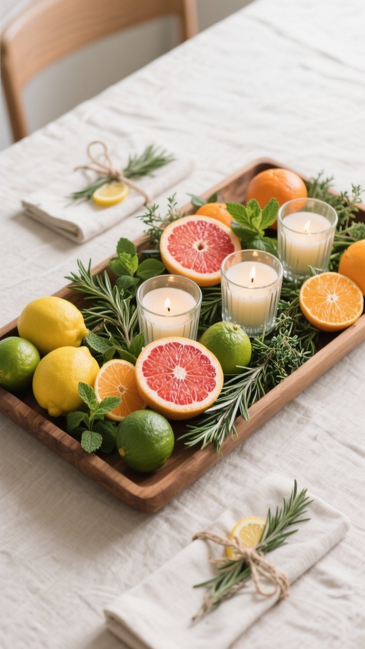 Medium overhead shot of a citrus and herb centerpiece: a shallow wooden tray centered on the table layered with fresh rosemary, thyme, and mint sprigs; nestled whole lemons, limes, blood oranges, and mandarins with a few halved pieces showing vibrant interiors; three clear glass votive holders with unscented candles for a gentle glow; napkins nearby wrapped in twine with a rosemary sprig and a thin citrus slice; crisp natural light, saturated citrus colors against neutral linens.