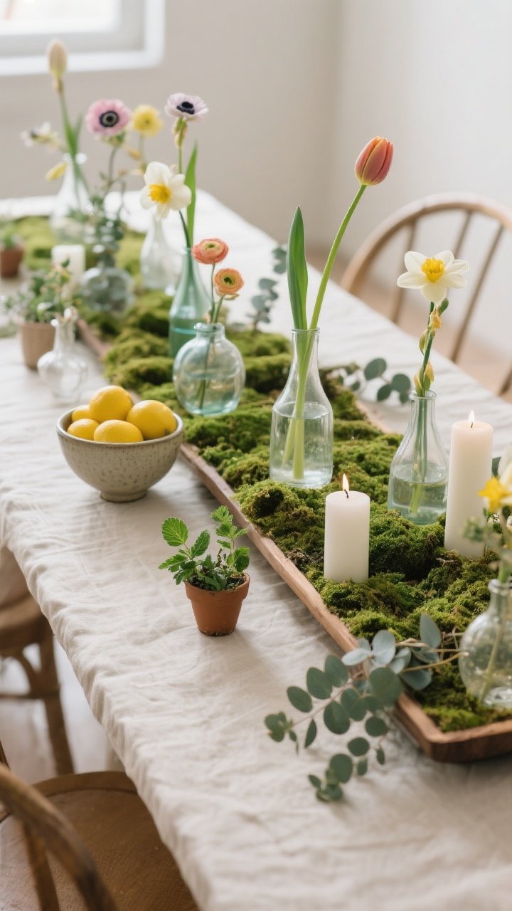 Medium shot from a corner angle of a natural, low centerpiece arrangement: mismatched clear and tinted bud vases scattered along the table runner, each with a single short stem—tulips, ranunculus, anemones, and daffodils—allowed to flop casually; a long, low wooden tray holds a carpet of fresh green moss with two petite white candles and mini potted herbs (thyme and mint); off-center, a ceramic bowl of bright lemons ringed by loose eucalyptus; keep arrangements below eye level, organic and unfussy, soft daylight.
