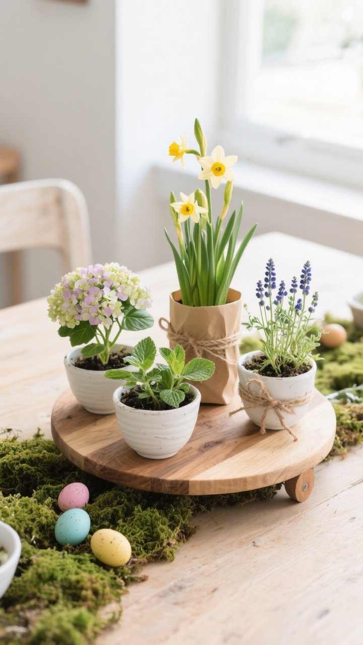 Medium shot, garden-to-table living centerpiece: a wooden cutting board used as a movable base holding 4 small potted plants—mini hydrangea or primrose in bloom, herb pots of basil, thyme, and mint, plus a pot of muscari or dwarf daffodils for height; nursery pots wrapped in kraft paper tied with twine, some nested in simple white ceramic bowls; gaps filled with preserved moss and a few dyed Easter eggs; bright indoor daylight, fresh garden charm, sustainable vibe, straight-on composition.