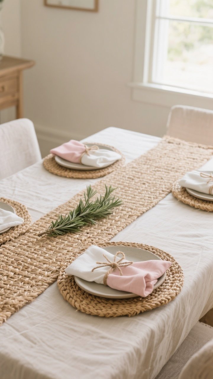 Medium shot, spring table base layering: a dining table set with a soft oatmeal linen tablecloth and a narrow woven rattan runner down the center, rattan or seagrass chargers at each setting, casually folded blush and white cotton napkins tied with twine and a fresh rosemary sprig, neutral ceramic plates, soft pastel accents kept minimal; natural morning light from a nearby window emphasizes light layers and natural textures, comfortable not fussy, no centerpiece yet; angle: three-quarter corner view highlighting texture contrast (linen, rattan, cotton).