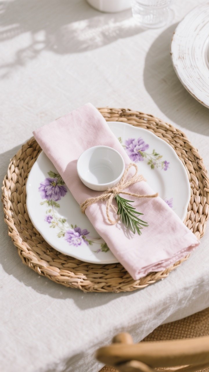 Overhead detail shot of a layered place setting: a woven rattan charger grounding a white dinner plate, topped with a pastel lilac floral salad plate and a small white bowl; a blush cloth napkin in a soft solid tied with thin natural twine, a fresh rosemary sprig slipped under the tie; include a whitewashed wood charger at a neighboring seat for variety; neutral tabletop beneath, gentle morning light creating soft shadows; color play stays springy, refined, and tactile.