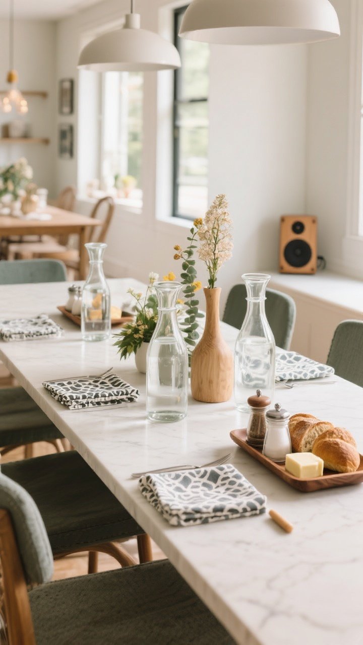 Wide, functional dining scene viewed from a diagonal angle, optimized for entertaining flow: low, under–eye-level centerpieces clustered toward the middle with taller elements only at the table ends; attractive glass carafes pre-filled with water placed within easy reach; a wooden tray corrals condiments, bread, and butter for easy passing; patterned napkins hint at stain strategy, and a small, discreet stain stick is tucked out of direct view; overall look edited with one fewer decorative item to create negative space; ambient, happy mood implied by a tidy wireless speaker off to the side.