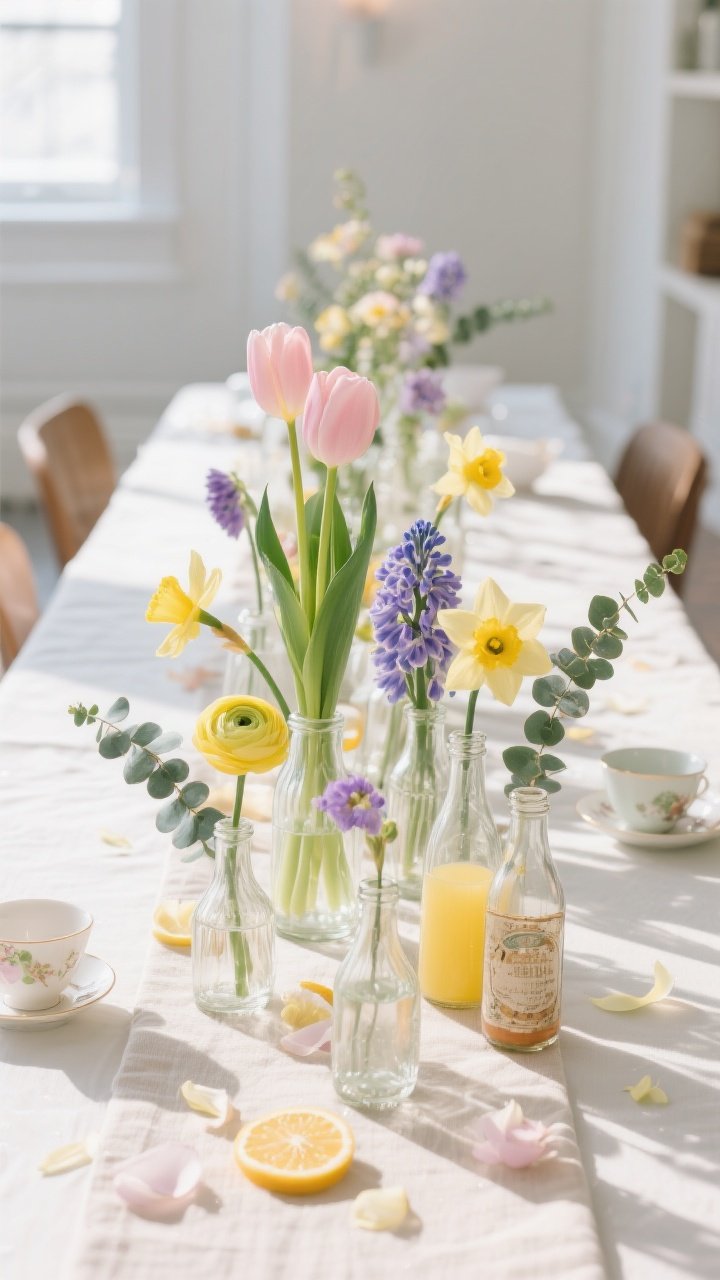 Wide overhead shot of a Bloom Bar centerpiece: a cluster of low mix-and-match vessels—clear bud vases, thrifted juice bottles, a few delicate teacups—arranged along the runner; stems in a pastel palette of pale pink tulips and ranunculus, butter yellow daffodils, lilac blooms, with eucalyptus and fragrant hyacinths; tallest stems centered and tapering to shorter at the edges, grouped in odd numbers; scattered loose petals and thin citrus slices along the runner for texture; bright, airy daylight, photorealistic, no people.