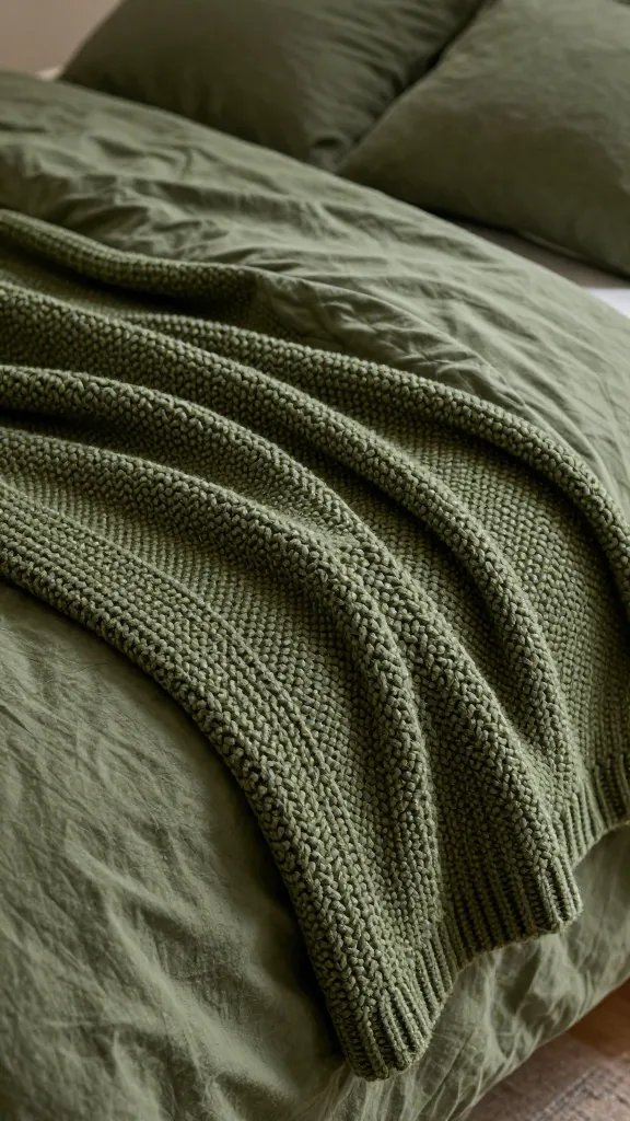 **Moody olive green bed with chunky knit throw**