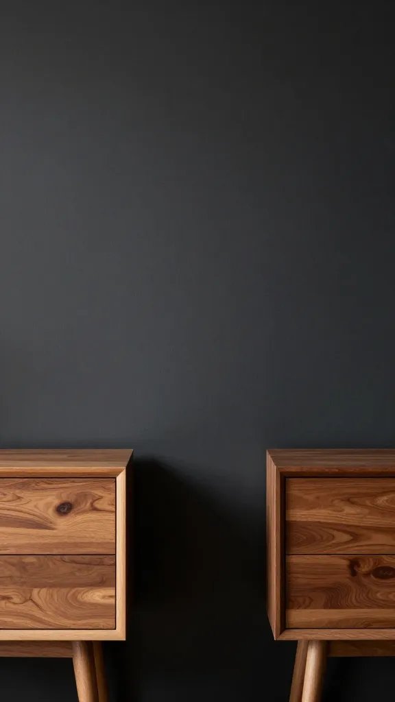**Dark matte walls with warm wood nightstands**