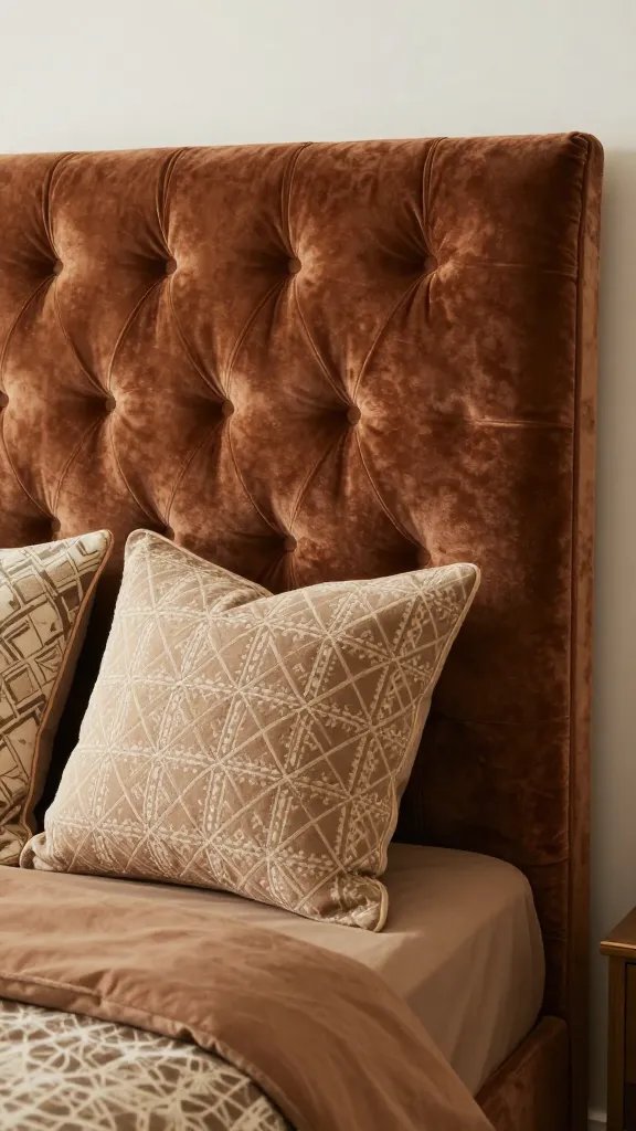 **Caramel brown velvet headboard with patterned pillows**