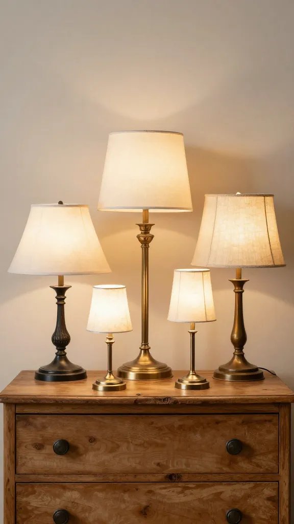 **Clustered vintage lamps on a rustic wooden dresser**