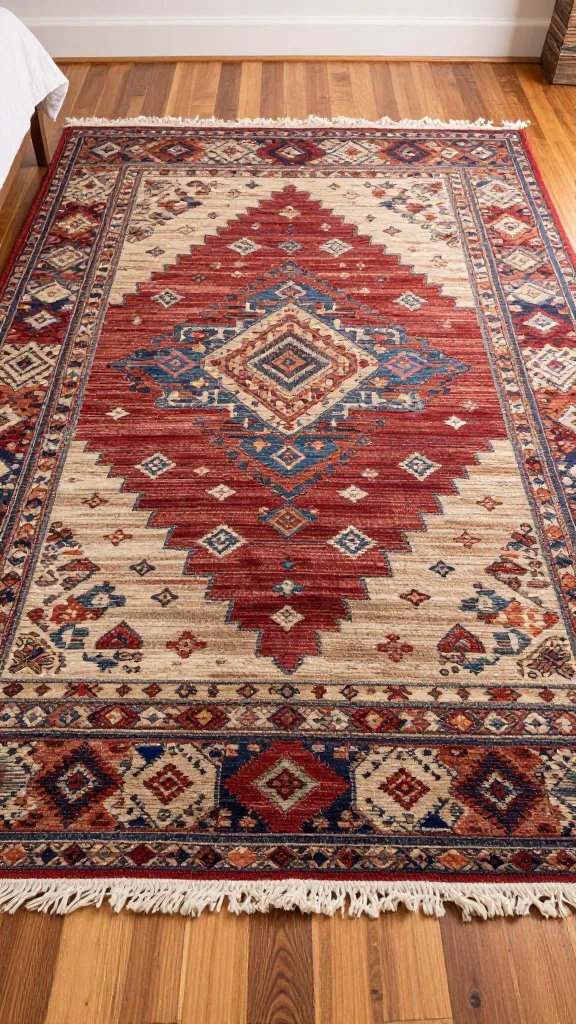 **Layered rugs in rich textures on hardwood floor**