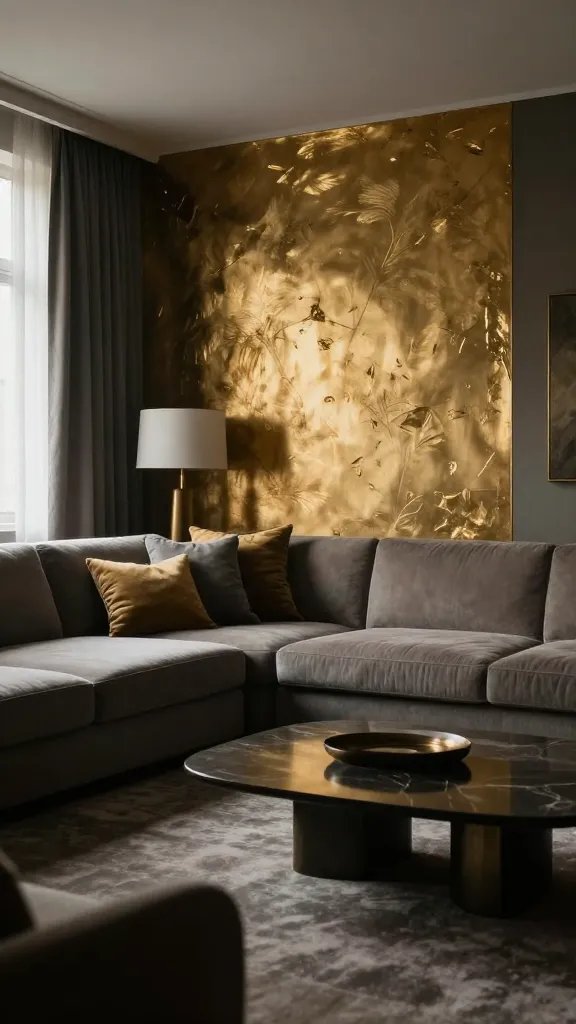 **Moody living room with dramatic gold accents**