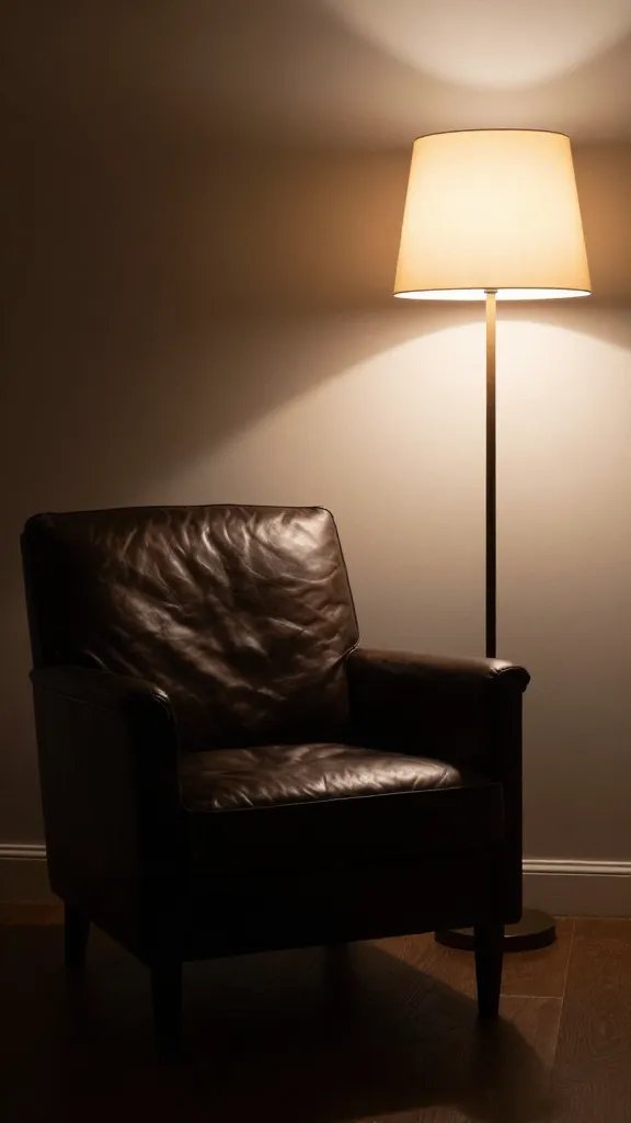 **Dark leather armchair by a dim floor lamp**