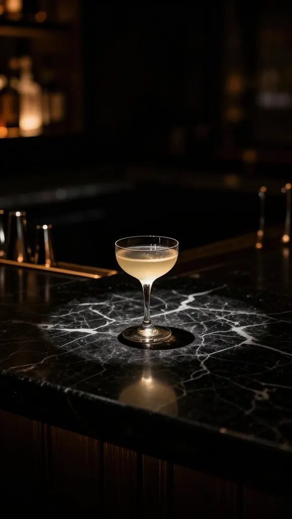 **Shadowy cocktail bar with black marble countertop**