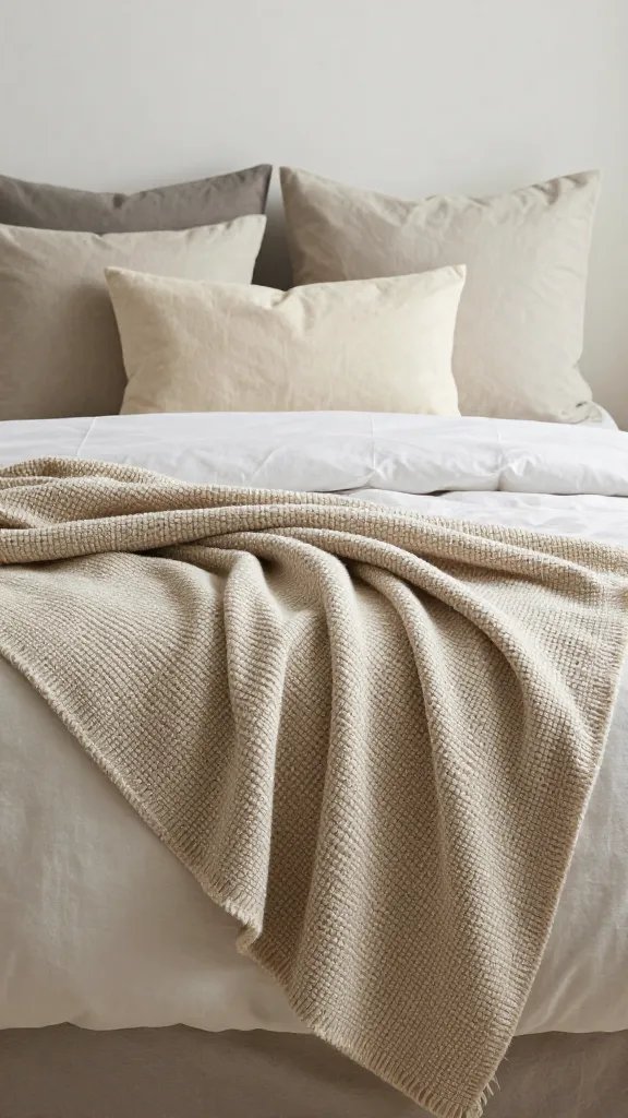 **Neutral bedroom with layered textured throws and pillows**