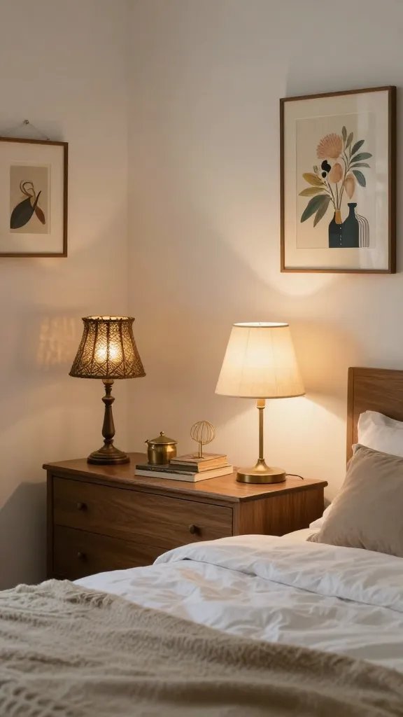 **Whimsical bedroom with mismatched vintage lamps and art**