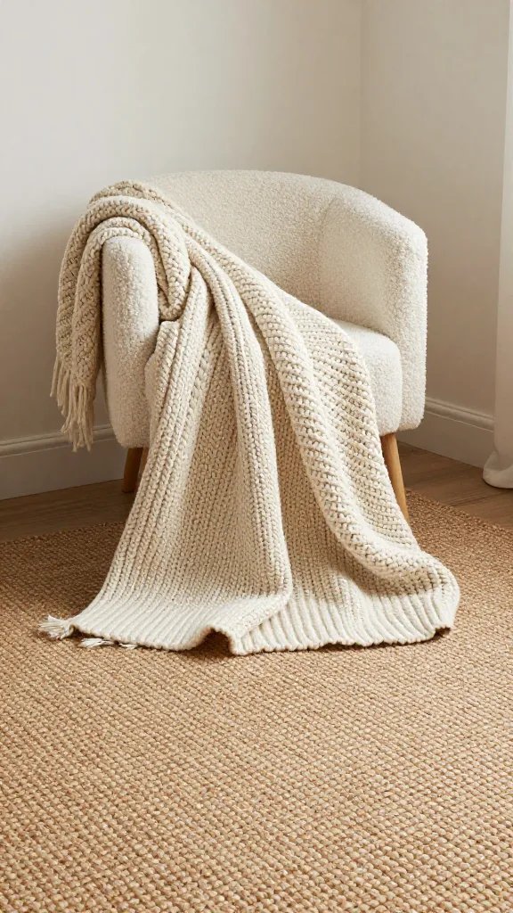 **Cozy eclectic corner with a jute rug and chunky knit blanket**