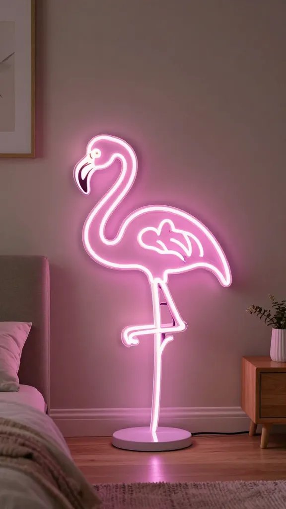 **Neon flamingo lamp glowing in a neutral-toned bedroom**