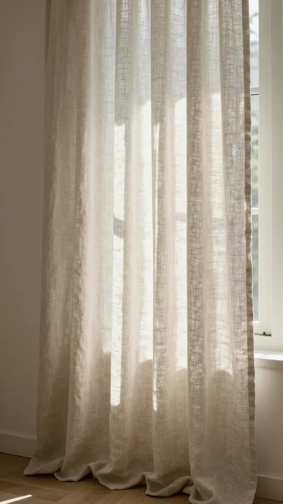 **Linen curtains with sunlight filtering into a cozy room**