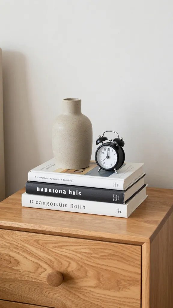 **Eclectic nightstand with stacked books and quirky decor**