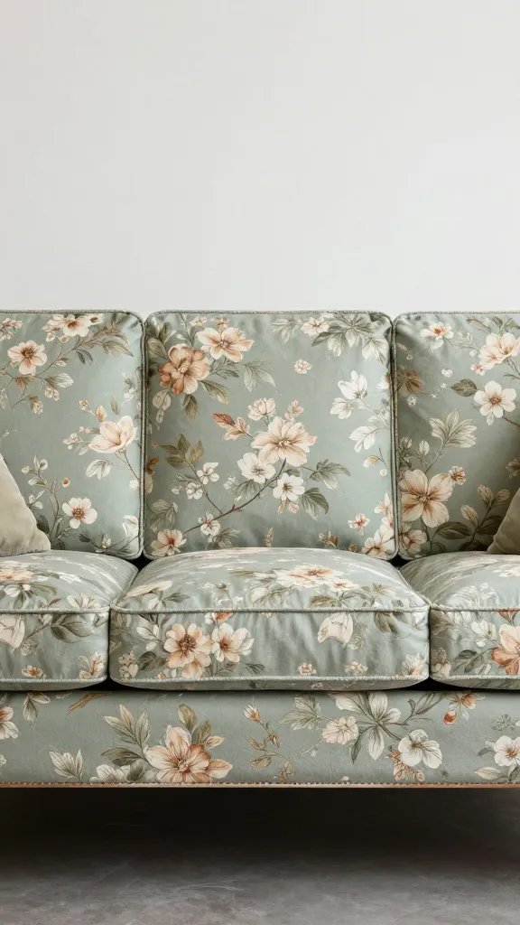 **Vintage floral sofa in muted sage green**