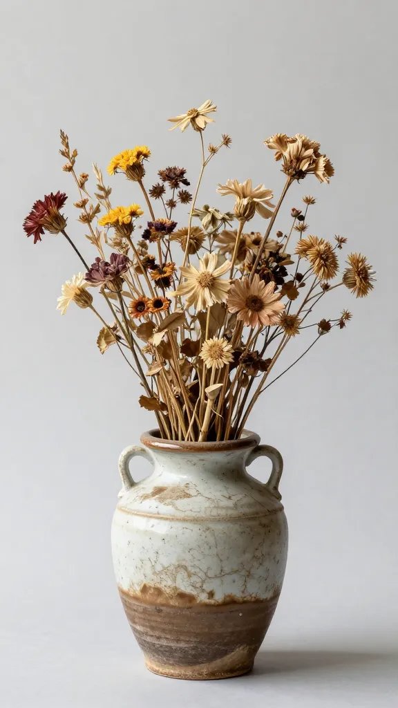**Dried wildflowers in a weathered ceramic vase**