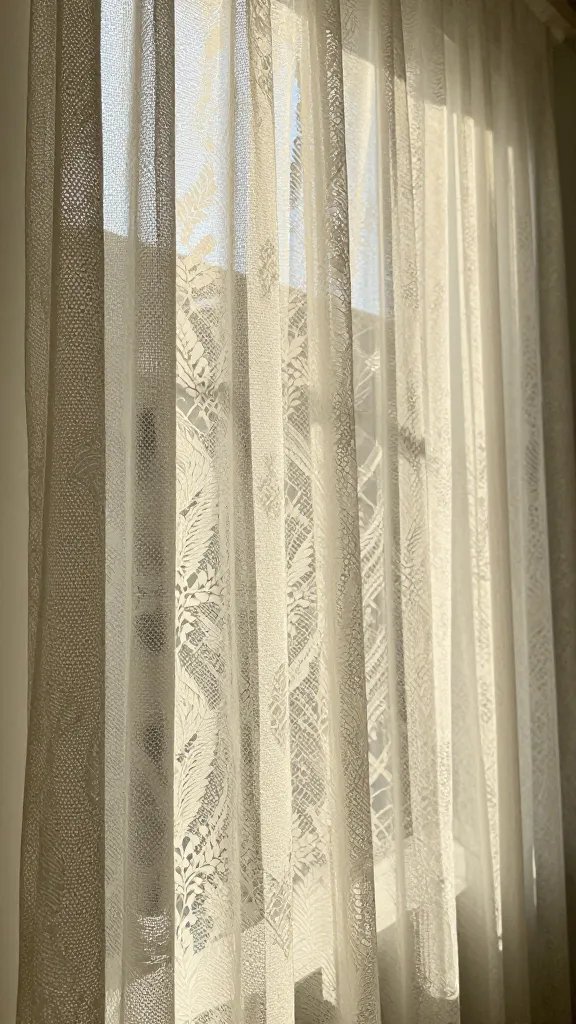 **Worn lace curtains filtering soft sunlight**