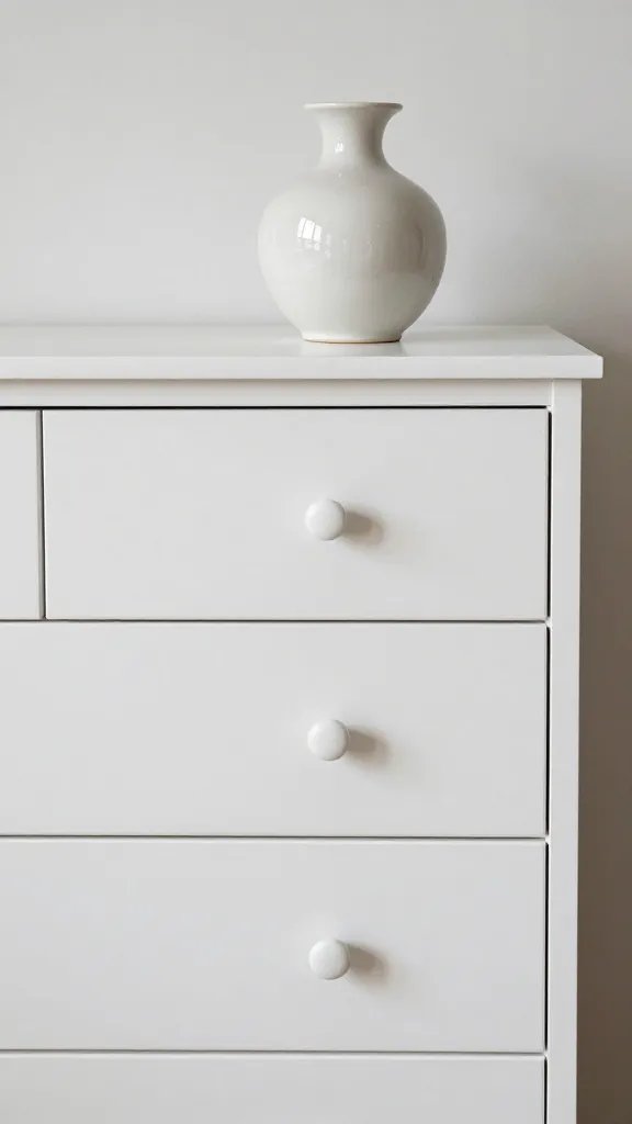 Distressed white dresser, ceramic vase