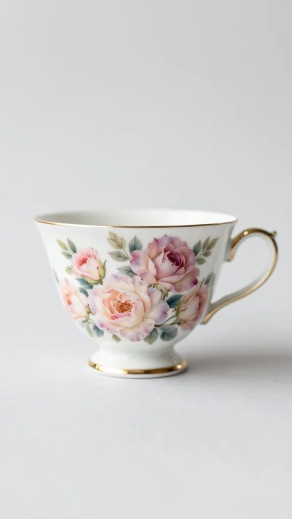 Delicate floral teacup, pastel roses.