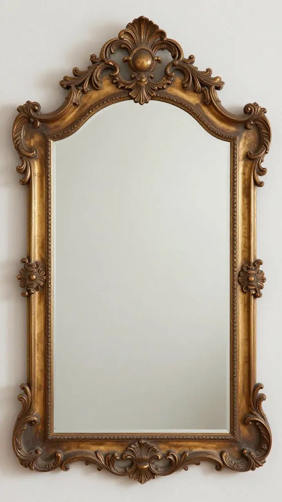 Ornate vintage mirror, soft reflection.