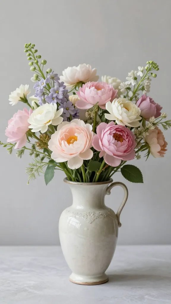 Pastel floral bouquet, antique vase.