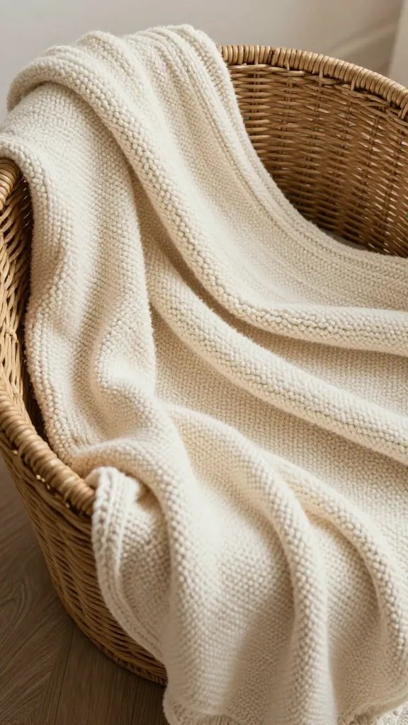 Knitted cream blanket, rustic basket.