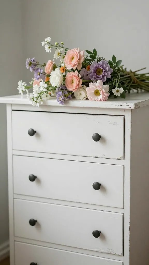 Distressed white dresser, pastel wildflowers, soft light.