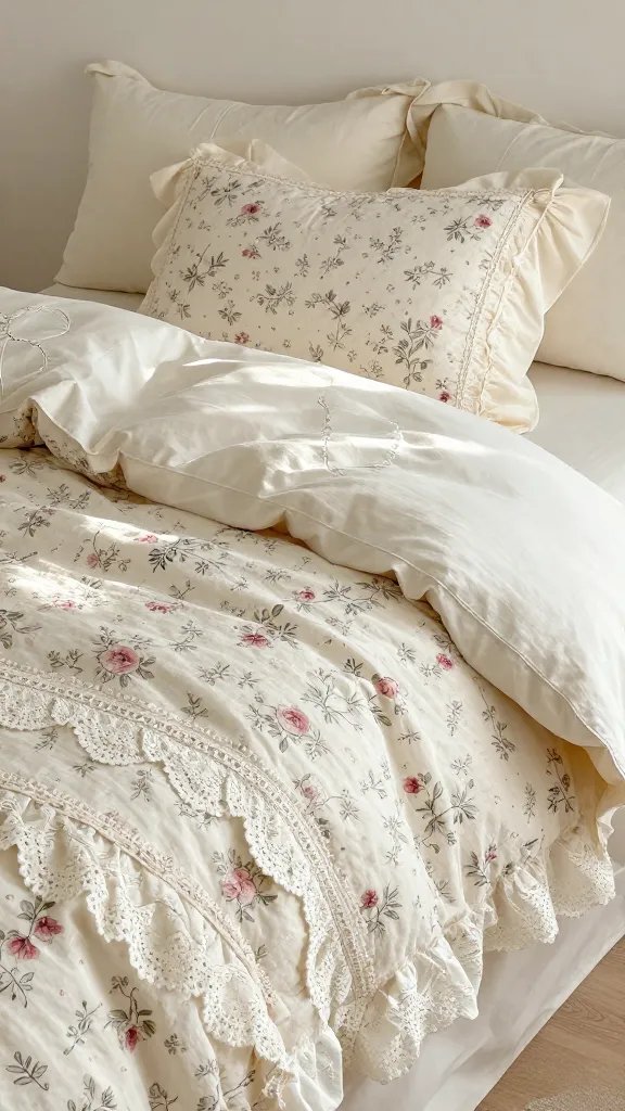 Layered floral bedding, vintage lace details, sunlight.