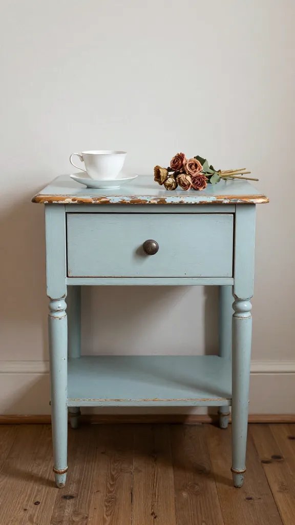 Chipped paint bedside table, antique teacup, dried flowers.