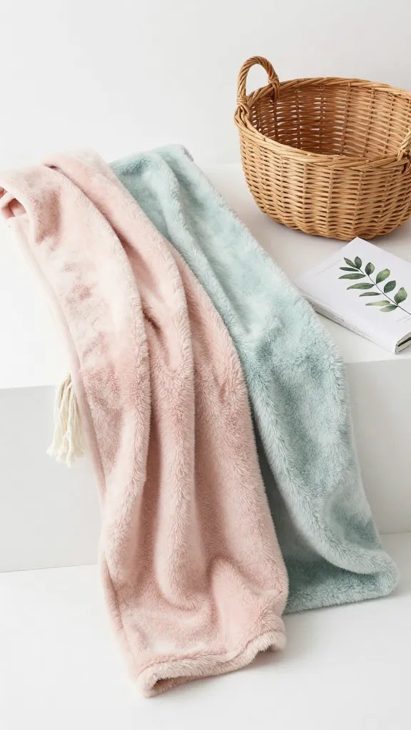 Soft pastel throw blanket, wicker basket, botanical book.