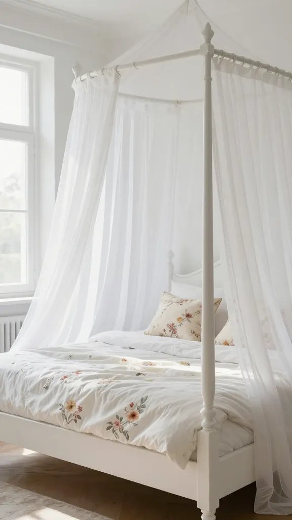 Romantic white canopy bed, floral pillows, natural light.