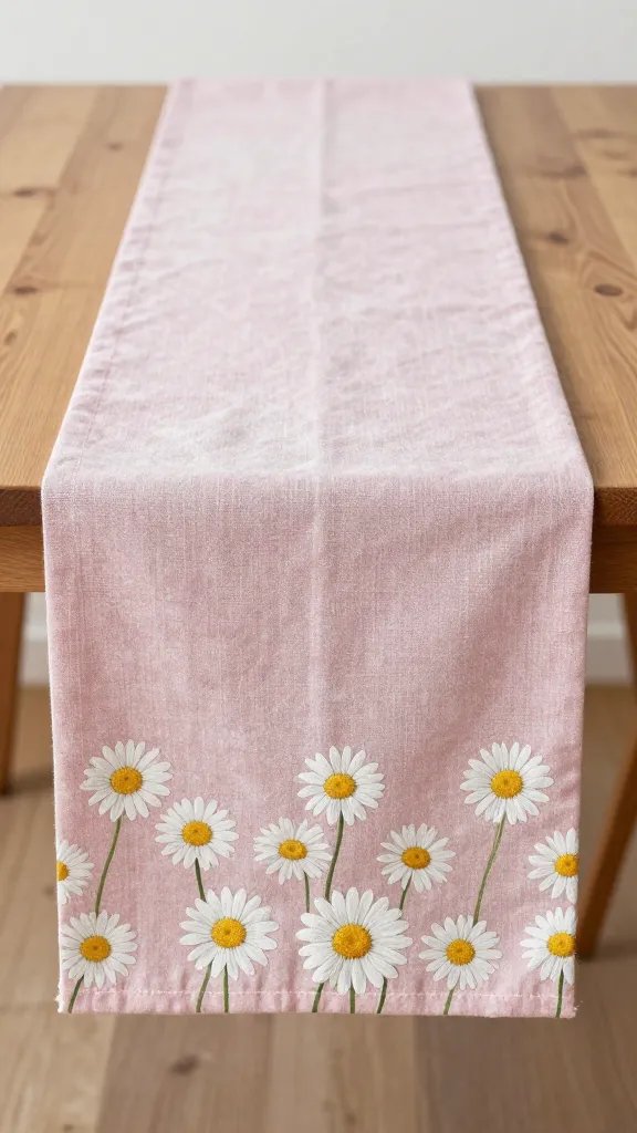 **Pastel linen table runner with fresh daisies**